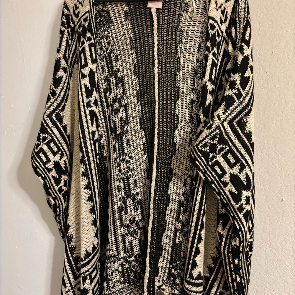 Flying Tomato Black & Cream Geometric Knit Poncho with Fringe Trim #7
